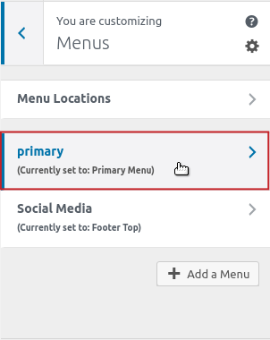 Customizer Menus primary menu selection highlighted