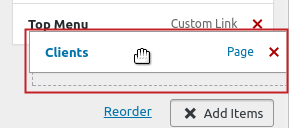 Drag n Drop Sub-Menu Clients Page menu item indented below Top Menu Custom Link menu item