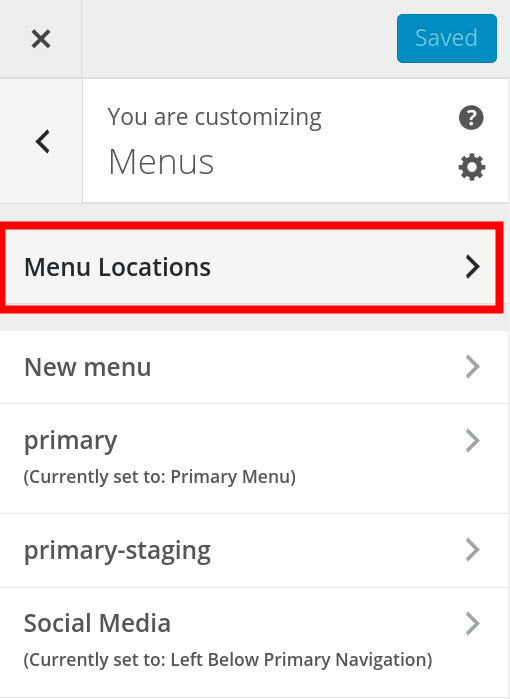 menu locations area in the wordpress customizer