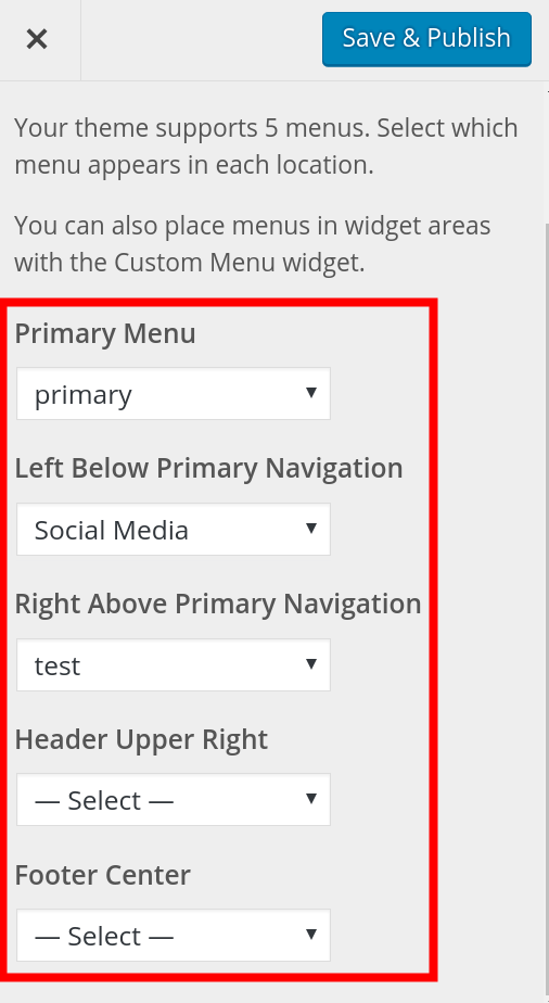 individual menu location assignment in the customizer