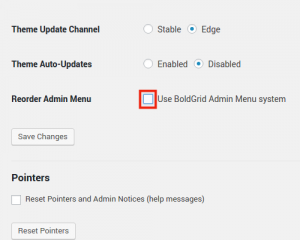 Uncheck Use BoldGrid Admin Menu System