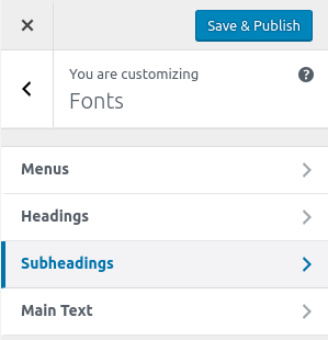 Fonts Subheadings panel in Customizer