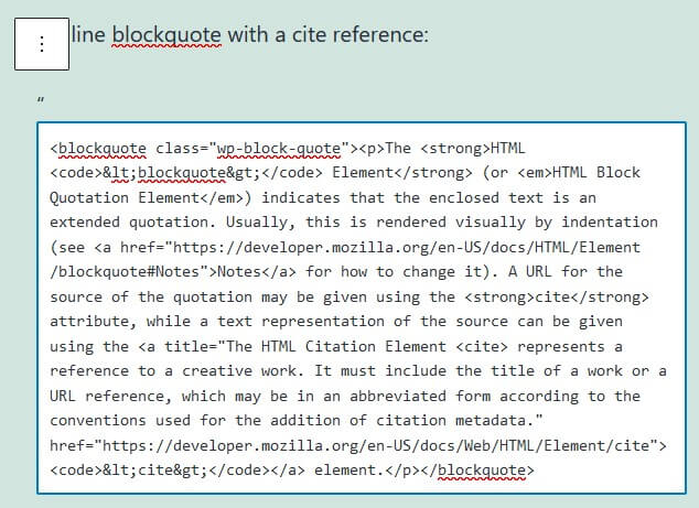 HTML view of WordPress block