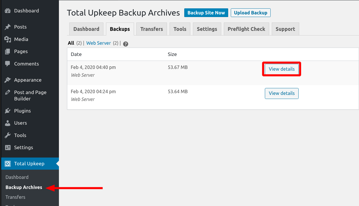 View Details on a Backup Archive