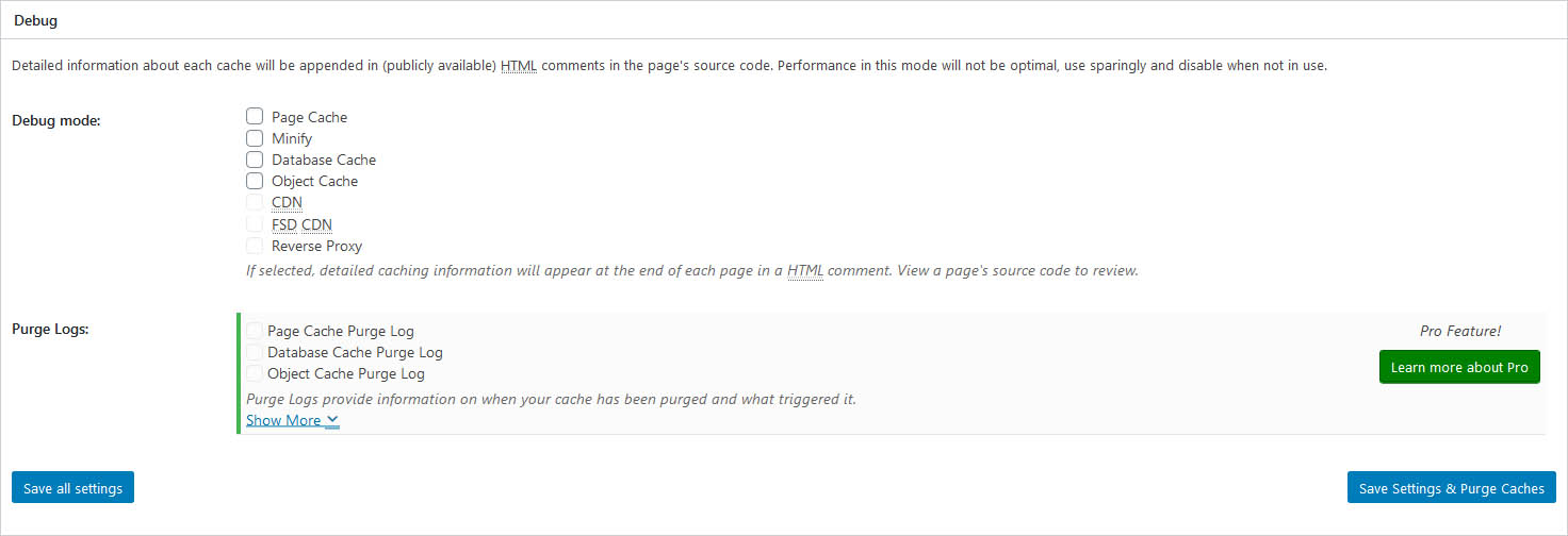 W3 Total Cache Debug Settings