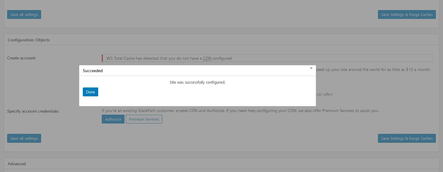 W3 Total Cache StackPath Configuration Success