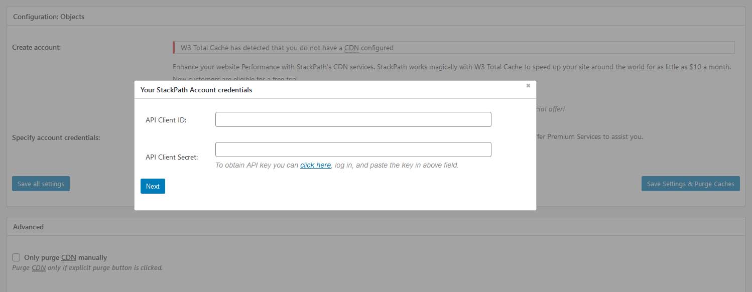 Adding your StackPath credentials in W3 Total Cache