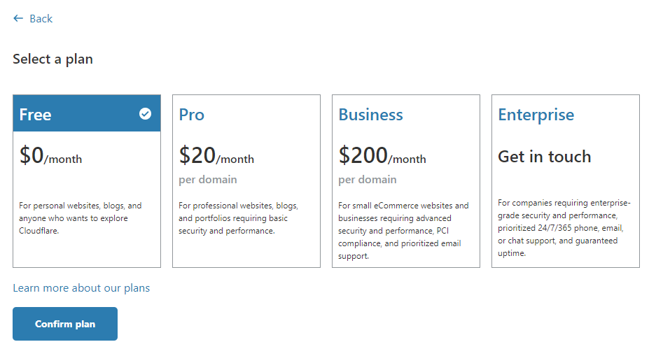 An image to outline the process of selecting a plan for CloudFlare