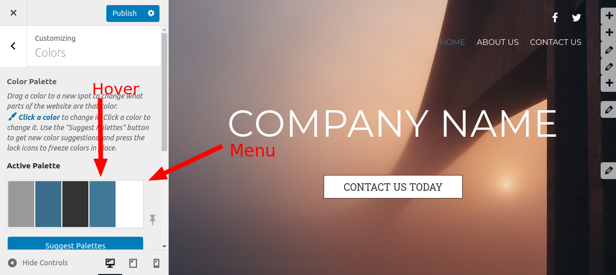 Showing the menu Hover and Active colors in the Customize Colors menu
