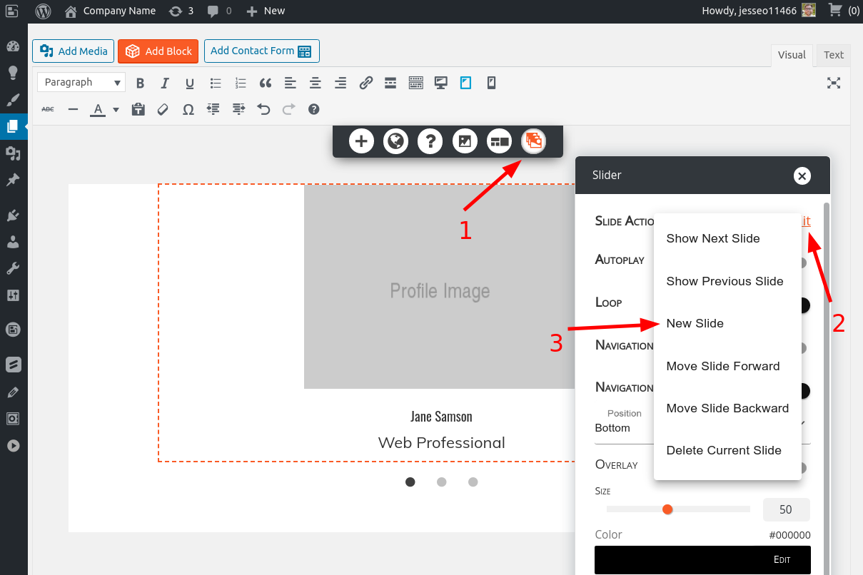 Adding a new slide using the slider controls