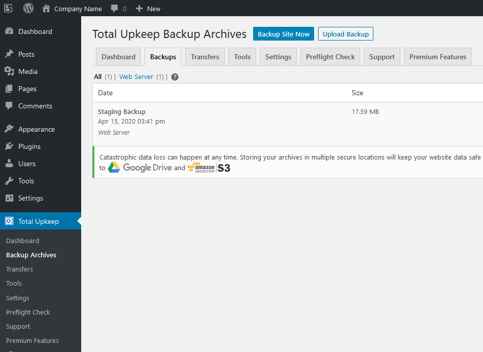 Image showing how to take a wordpress backup with Total Upkeep