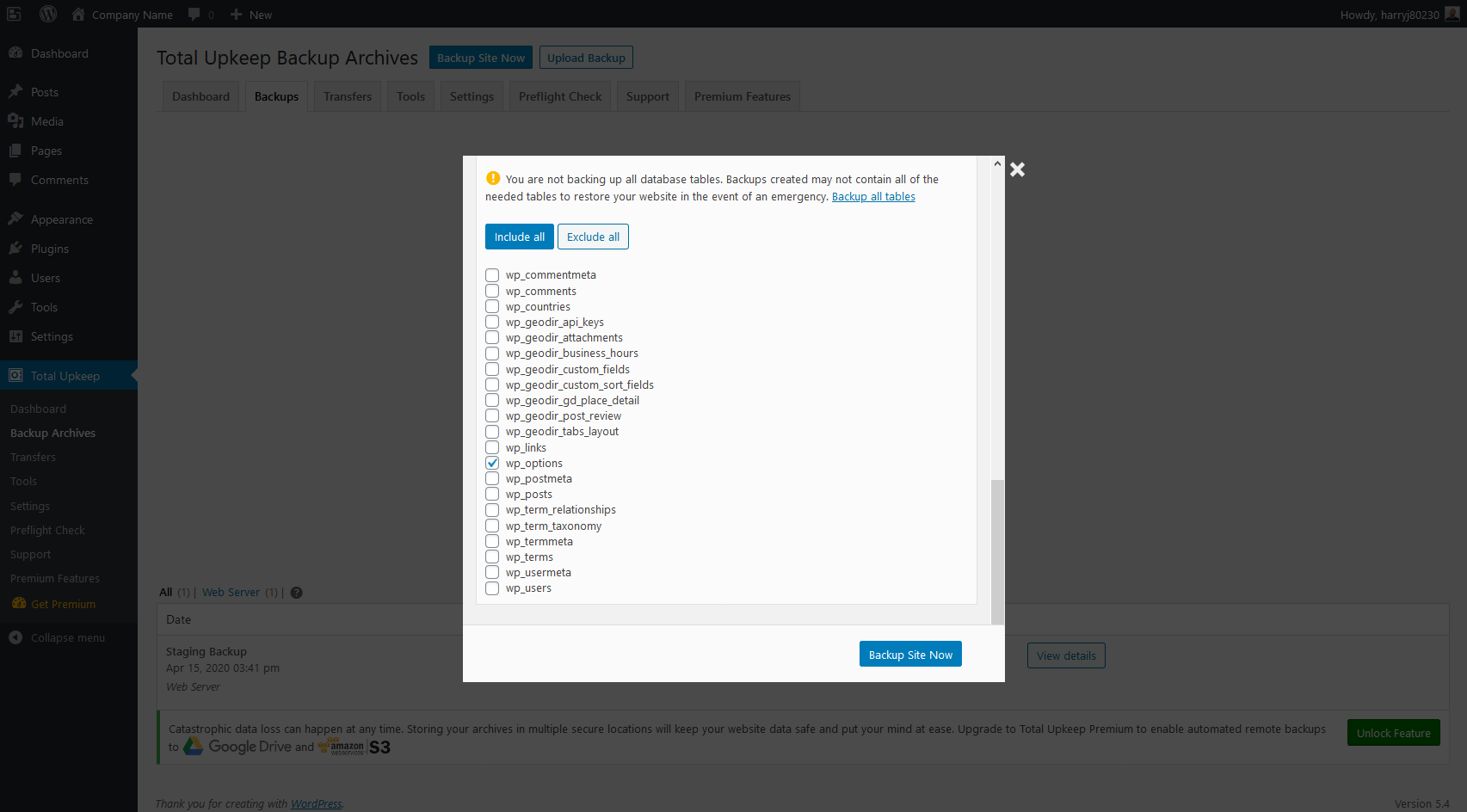 Image showing how to make custom WordPress Backups with Total Upkeep