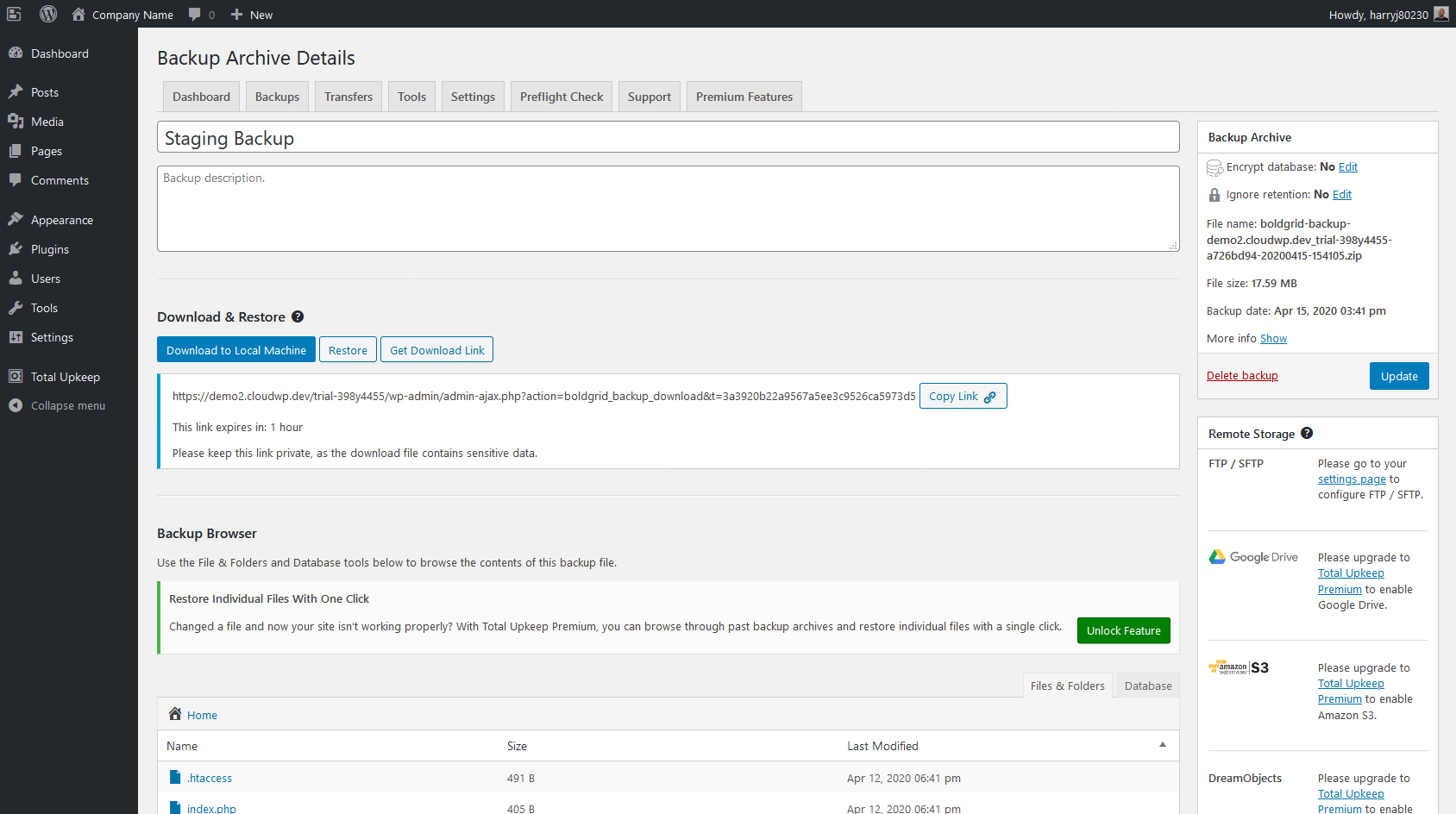 Getting a link from Total Upkeep to migrate a WordPress for staging