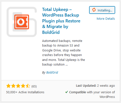 Image showing installing a WordPress Backup Plugin - Total Upkeep