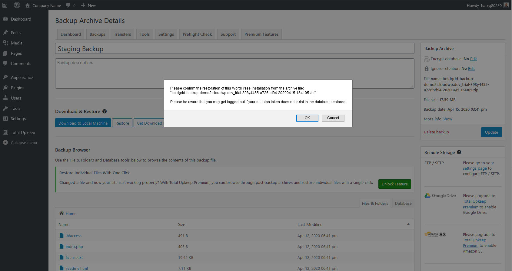 Image showing the process of restoration for WordPress with Total Upkeep