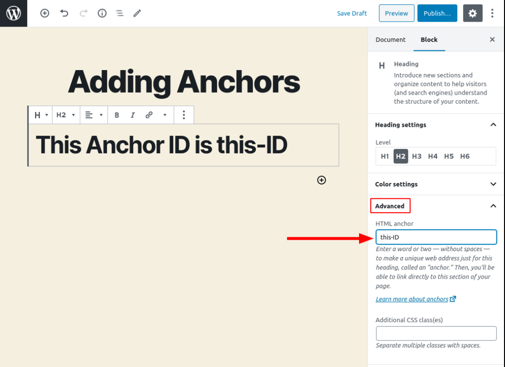 HTML Anchor setting in Gutenberg