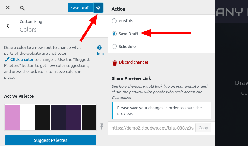 Saving a draft in the customizer