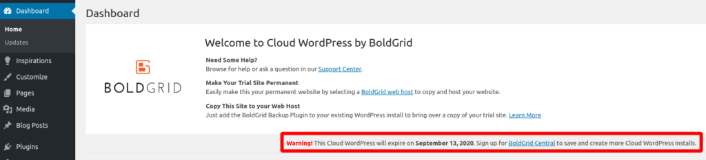 Cloud WordPress expiration date