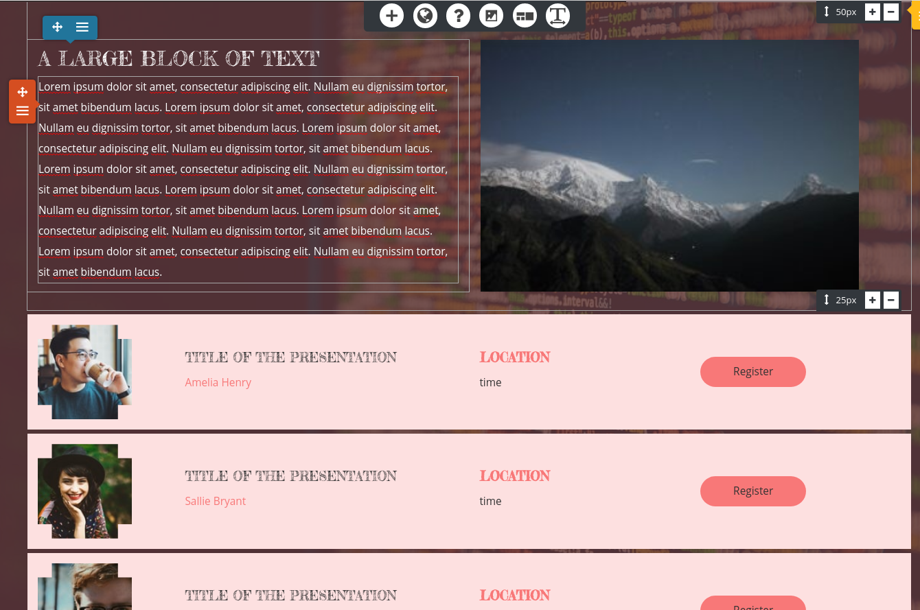 A layout with a large block of text, image, and list of events and details