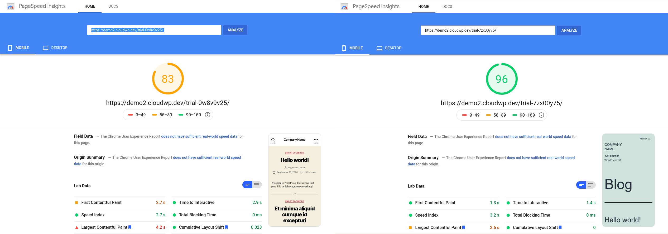 Mobile PageSpeed Insights Tests