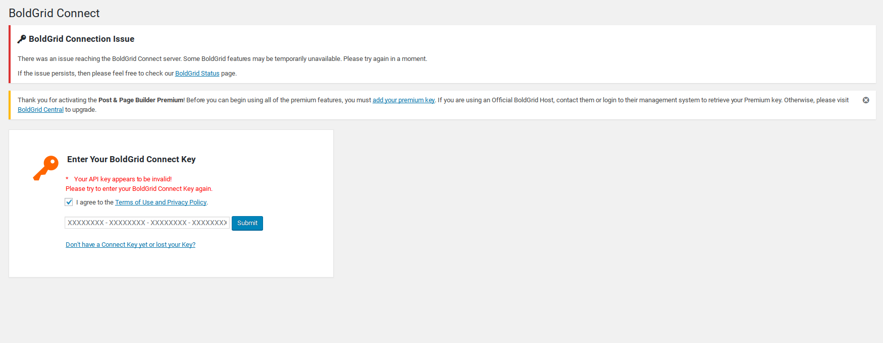 Your API key is invalid error message