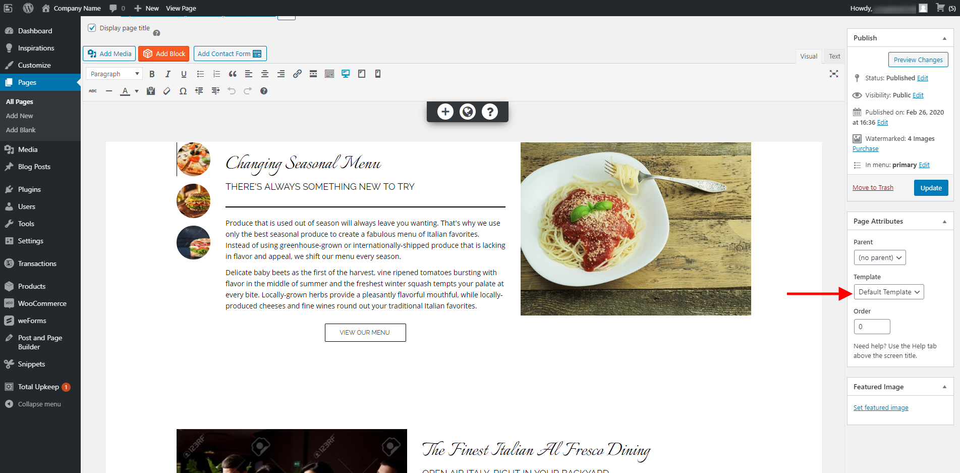 change page template used
