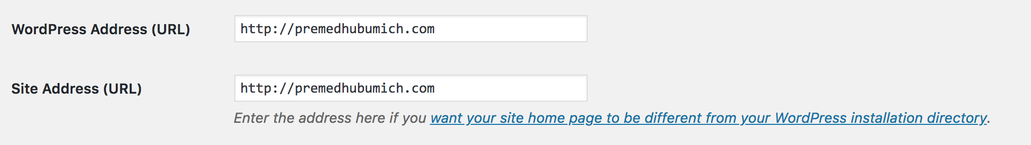 Website and Site Address settings