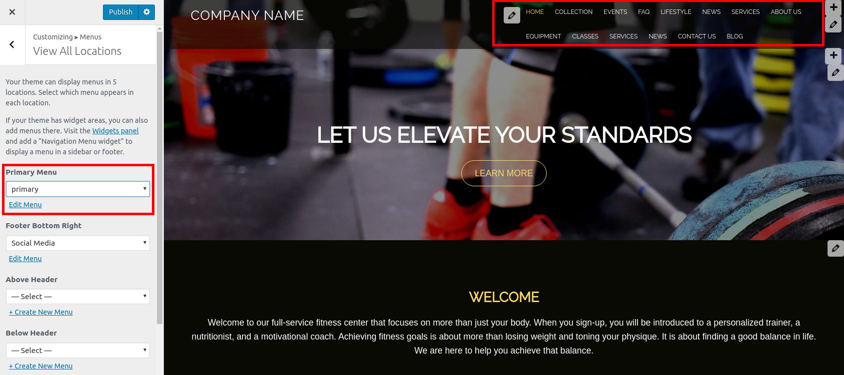 Evolv Primary Menu location with lots of links