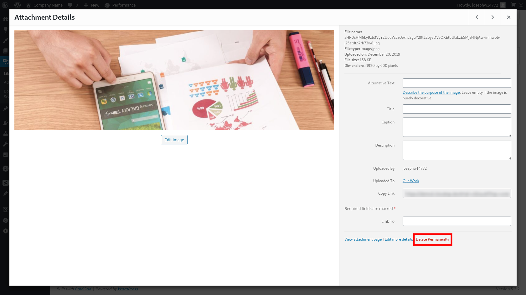 Delete Permanently link on image details screen