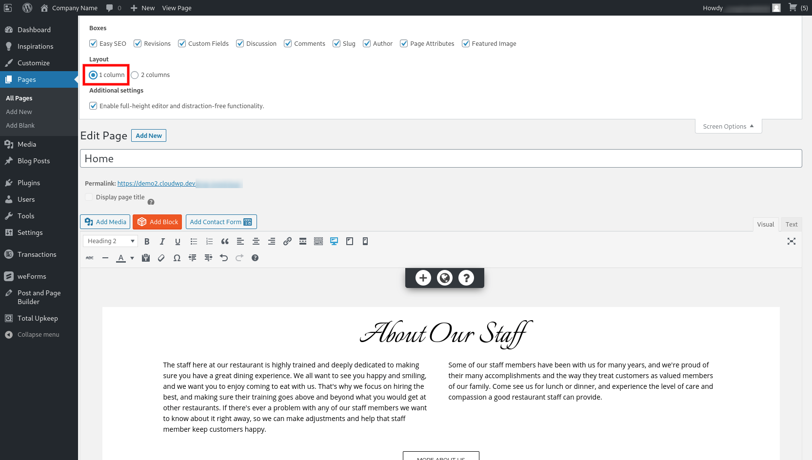 layout column options