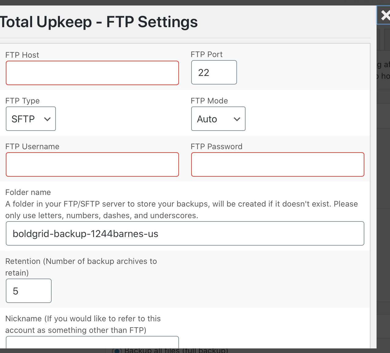 Total Upkeep FTP settings with empty fields