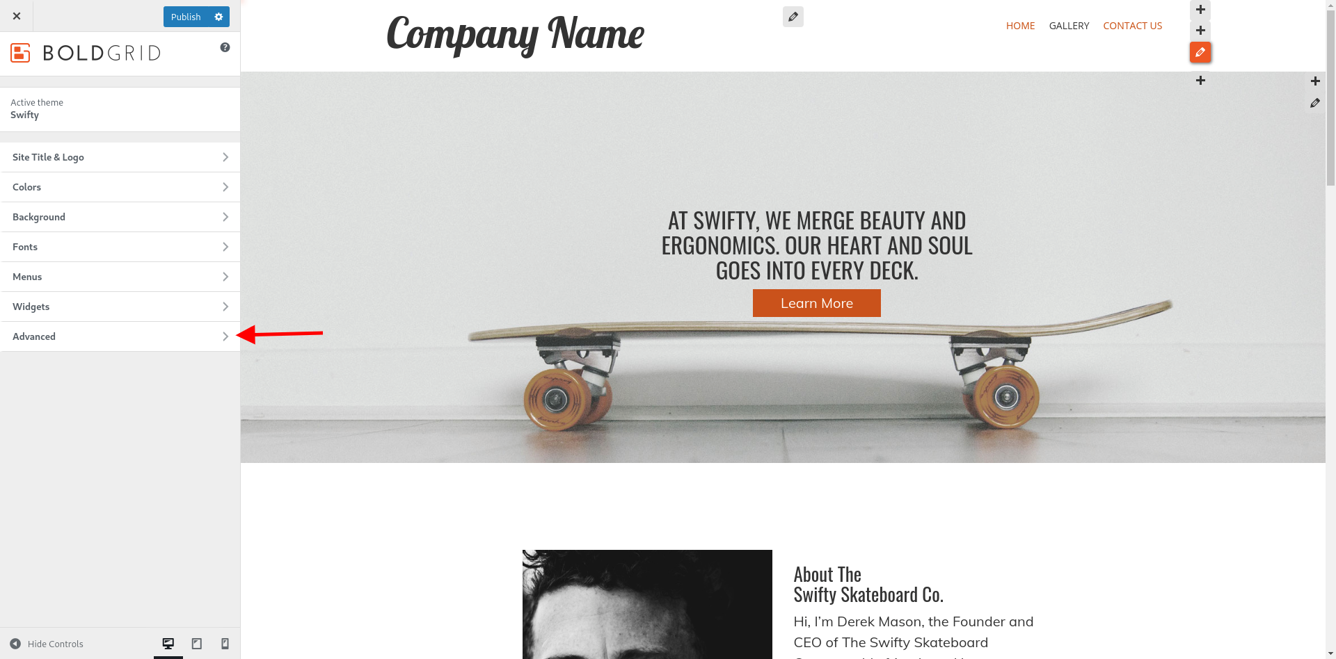 open Advanced panel in Customizer