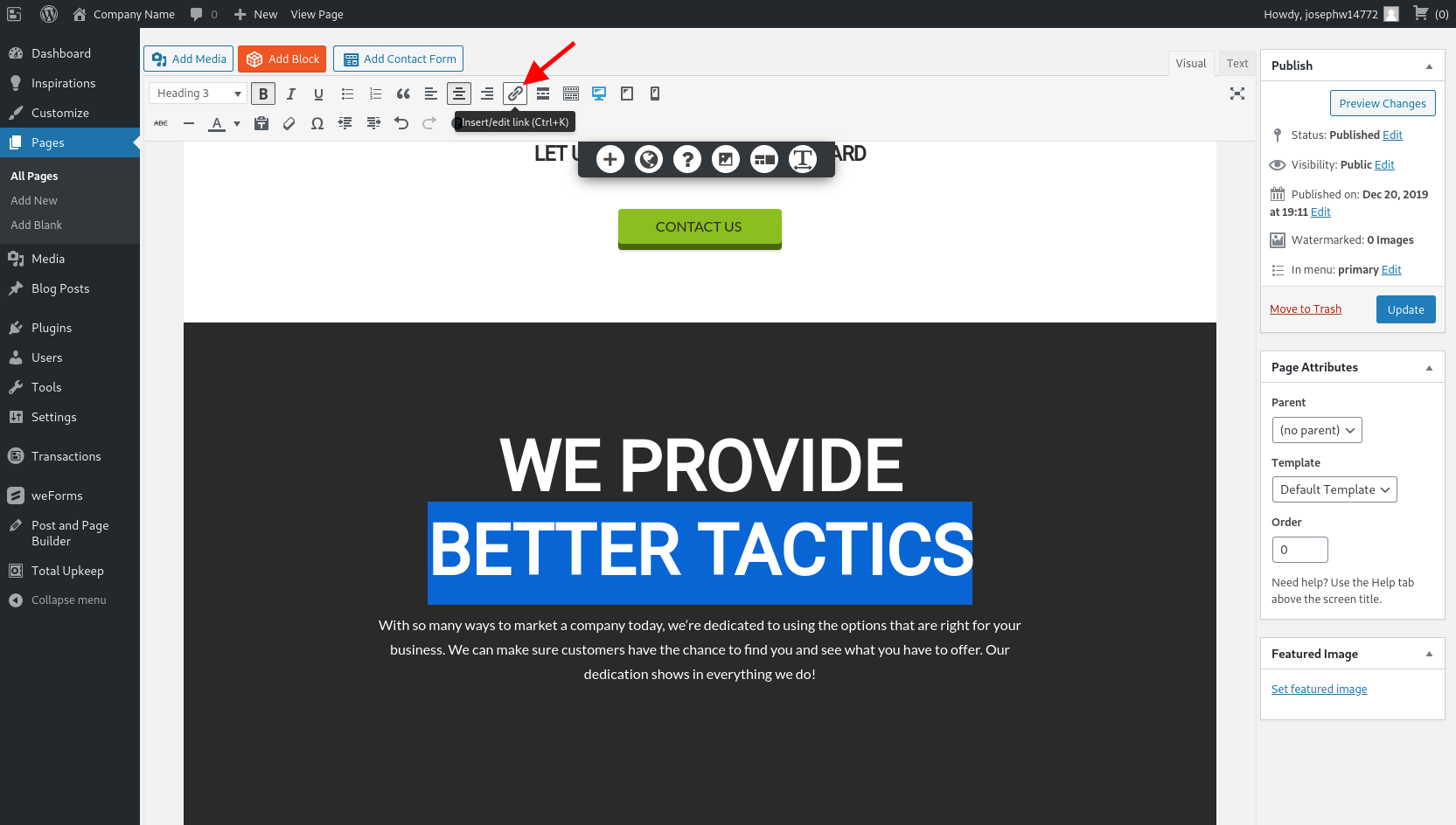 link option in toolbar