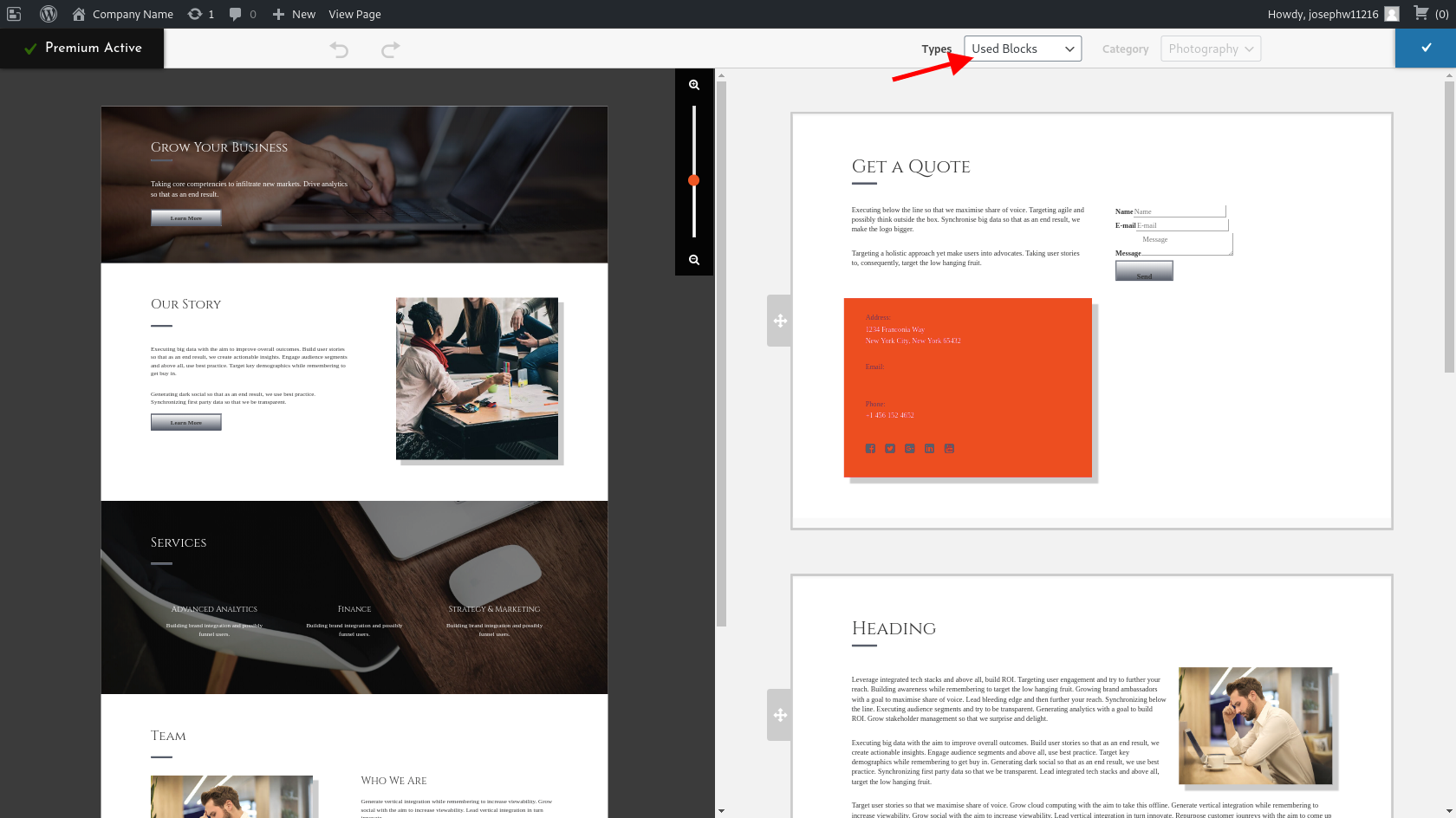 Used Blocks option on Add Block screen