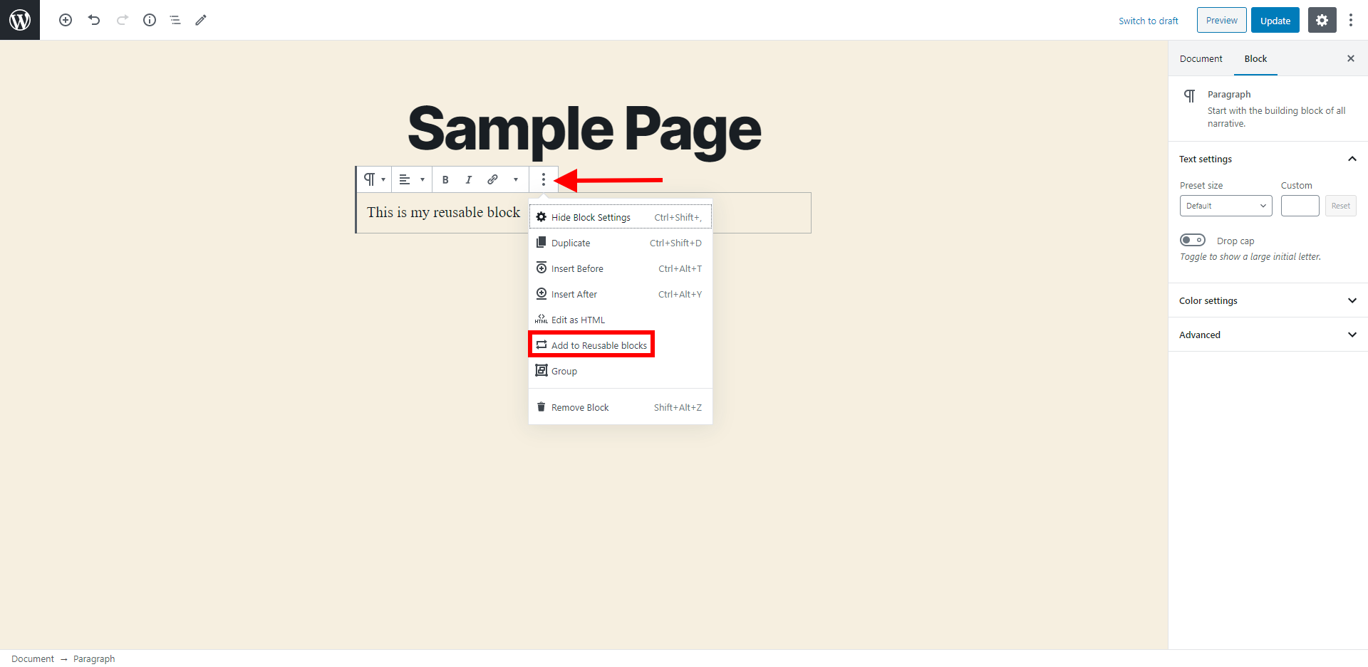 Add to Reusable Blocks option