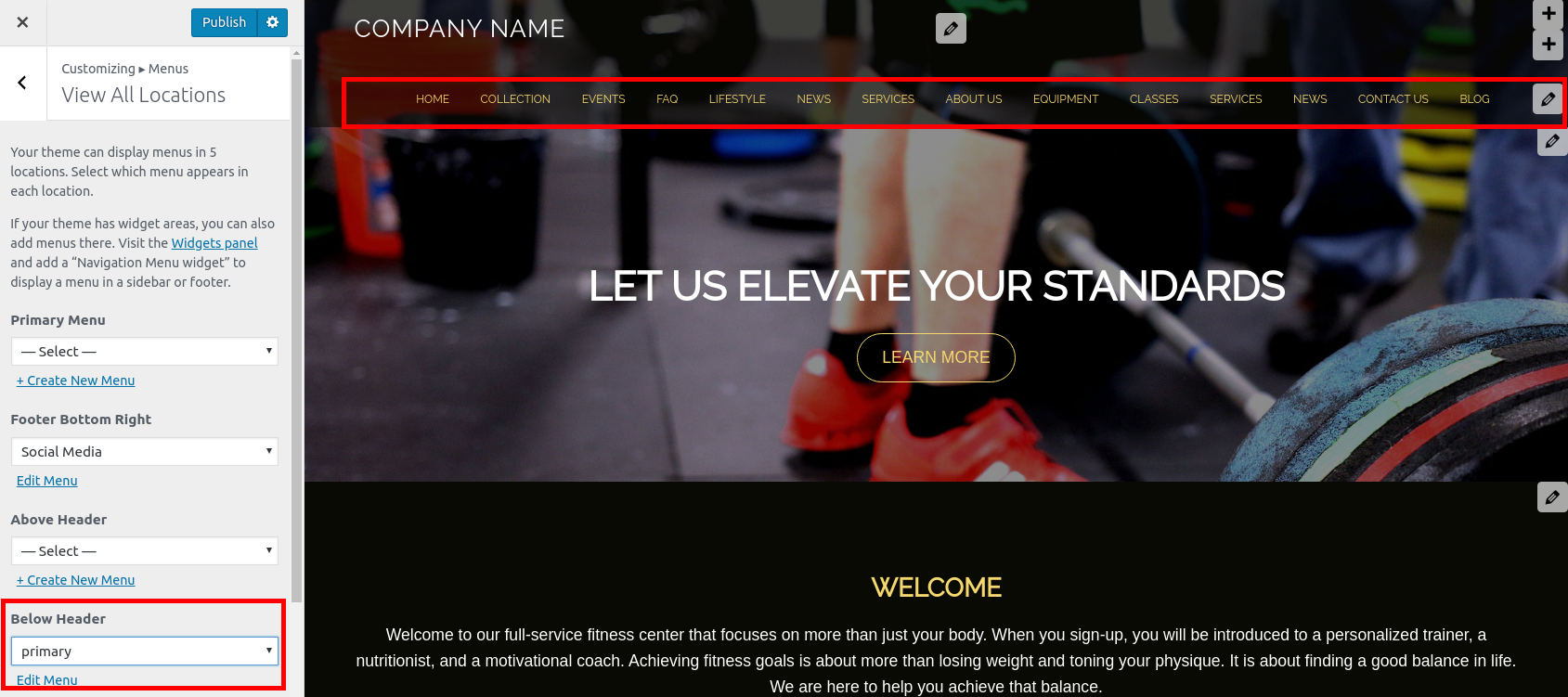 Evolve Below Header menu location with lots of links