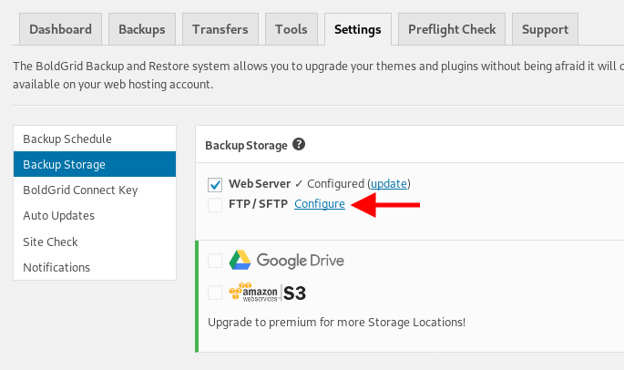 configure FTP / SFTP backup storage