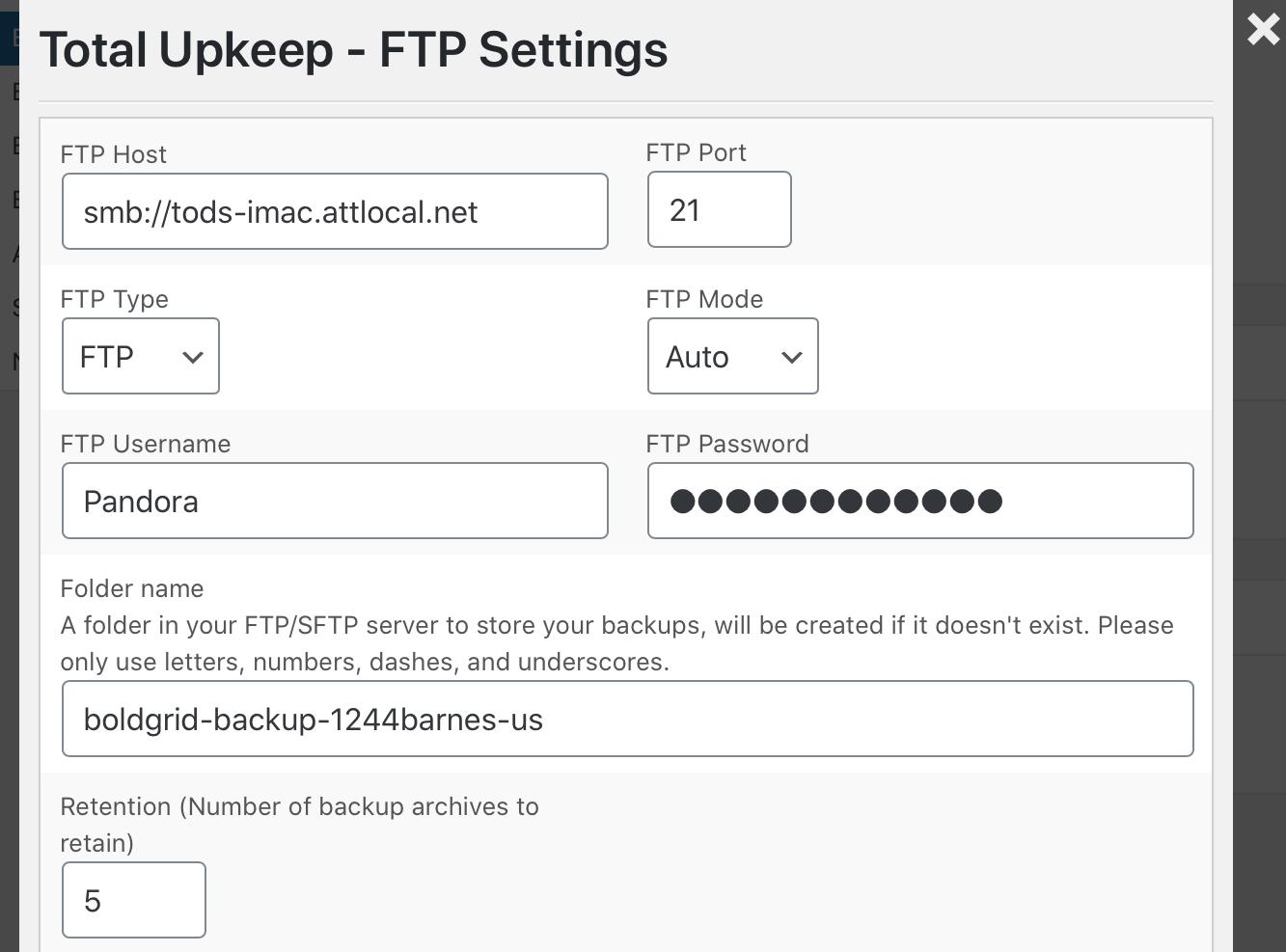 FTP Settings for Total Upkeep