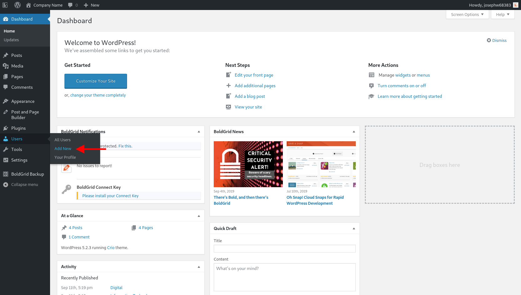 add new user link in WordPress admin