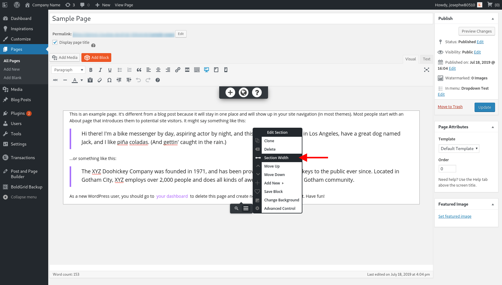 Section width control in editor