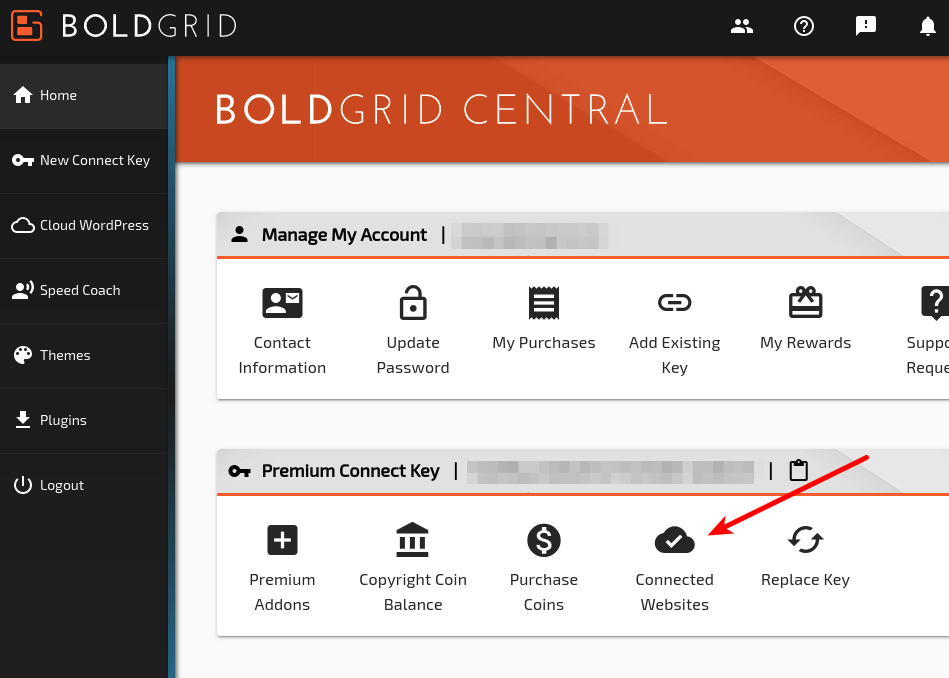 Connected Websites link in BoldGrid Central