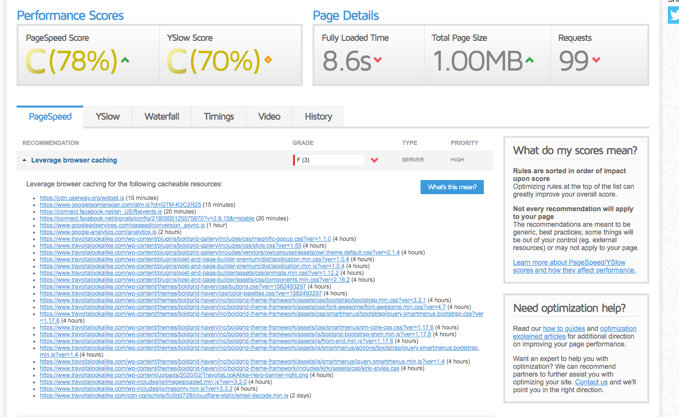 gtmetrix results page