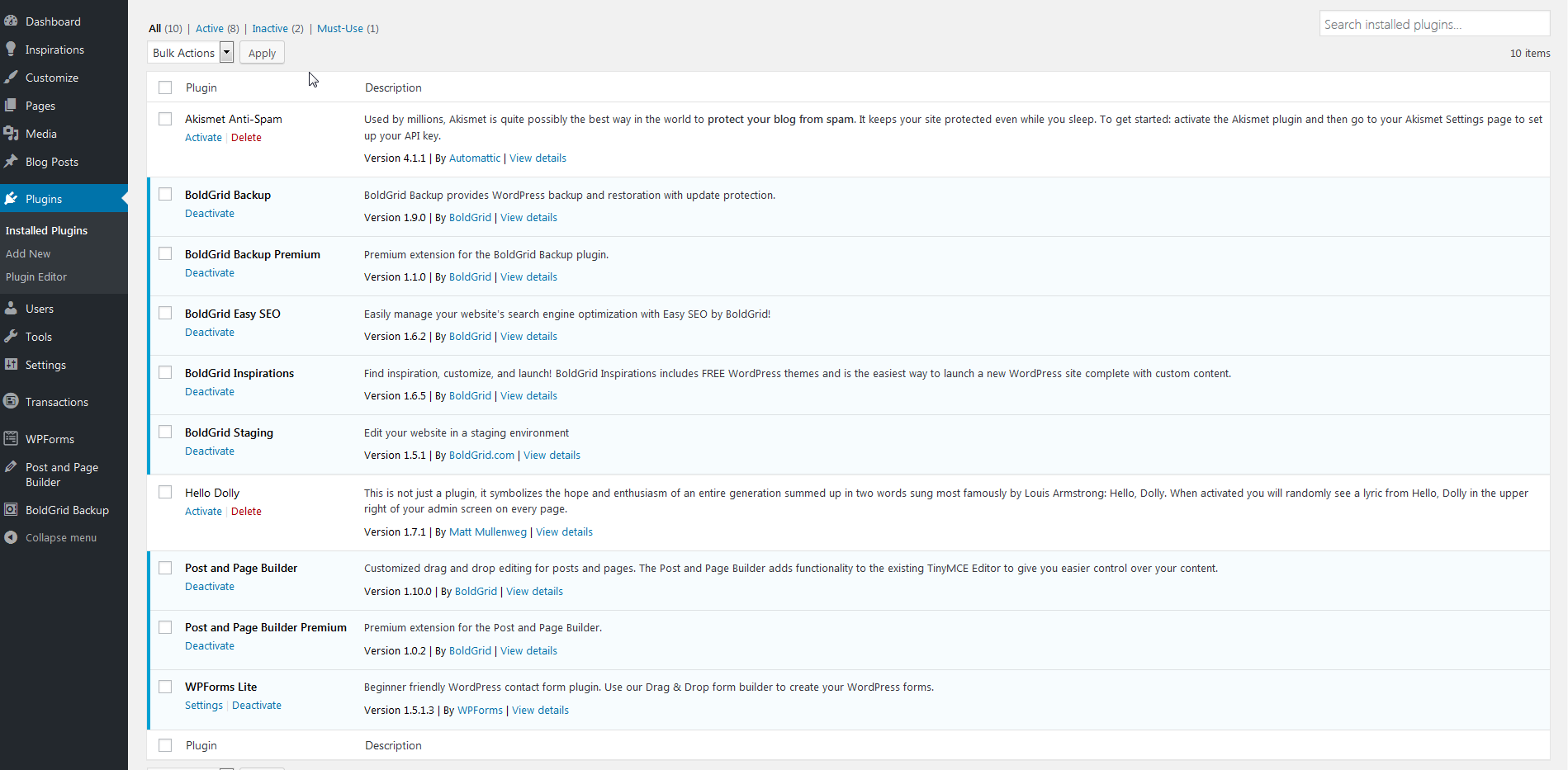 WordPress plugins screen