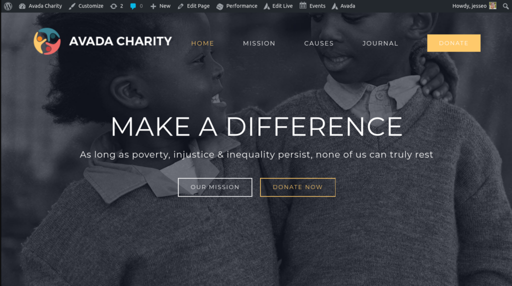 Avada Charity starter site and default settings