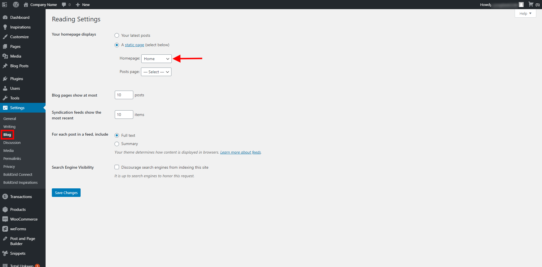 Reading Settings options in WordPress admin