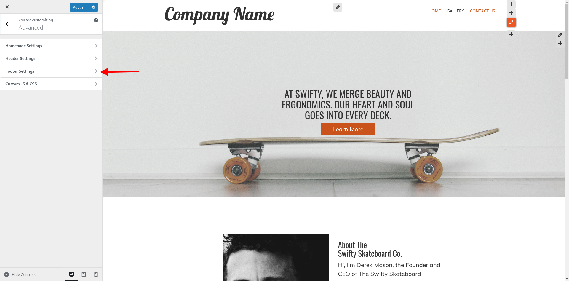 open Footer Settings panel