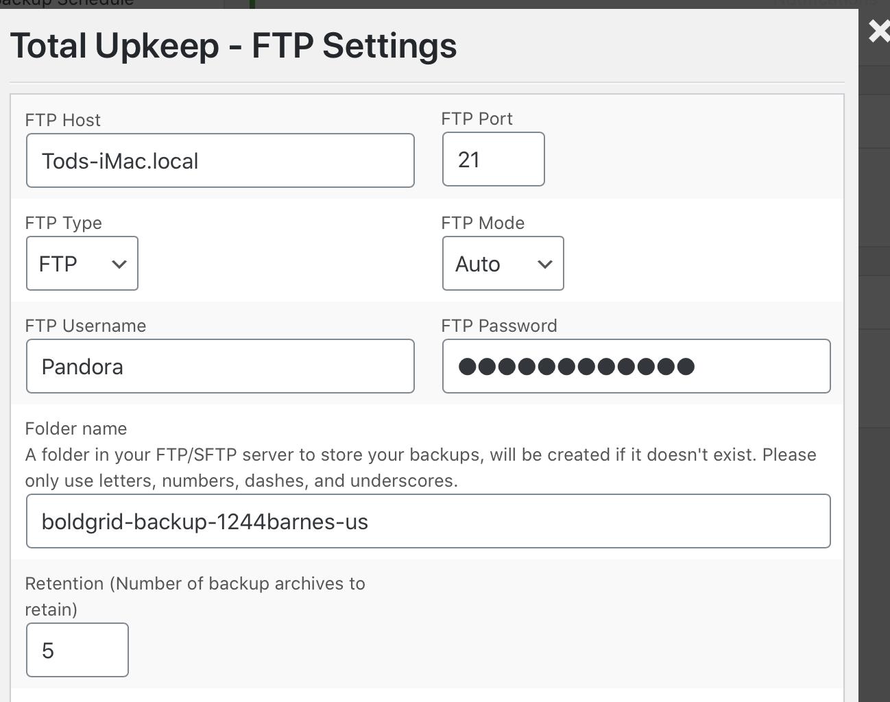 Total Upkeep FTP Settings