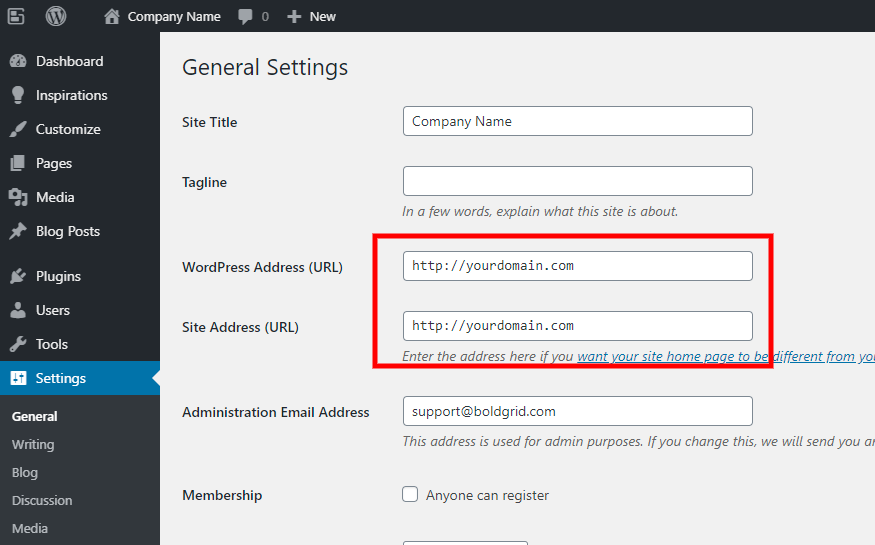 WordPress Address and Site Address settings