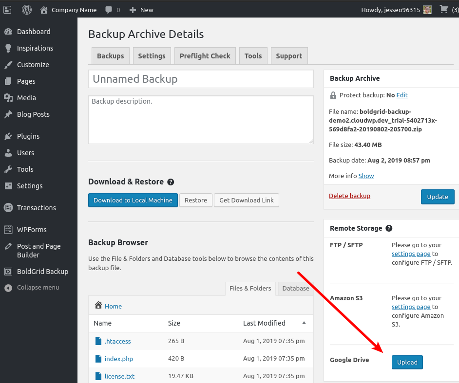 click Blue Upload button next to Google Drive on Backup Archive Details
