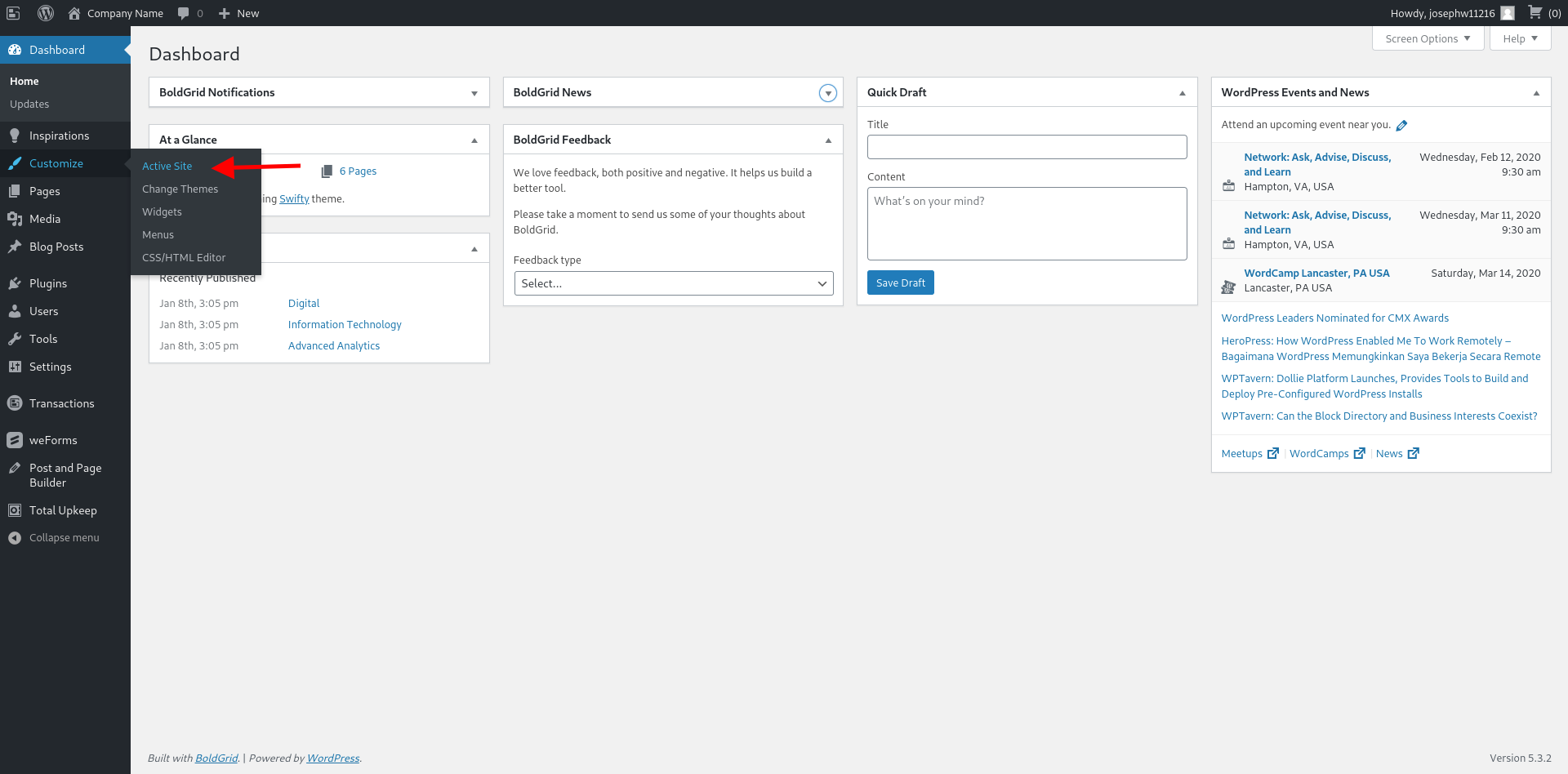 Open Customizer from WordPress admin